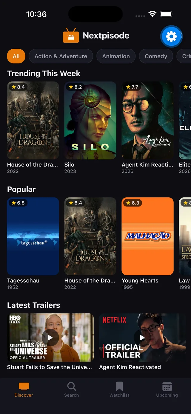 Discover screen showing trending and popular shows