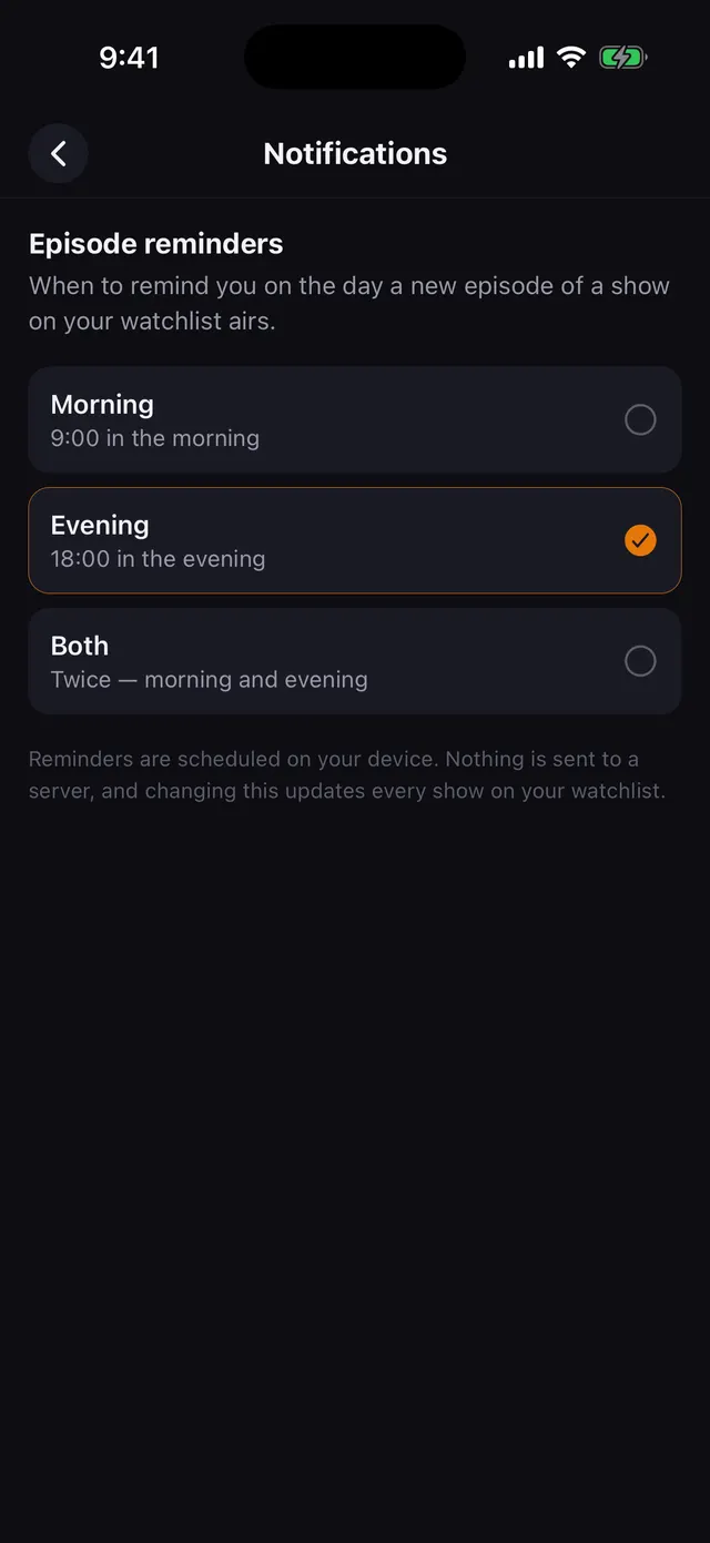 Notification settings for choosing when episode reminders arrive